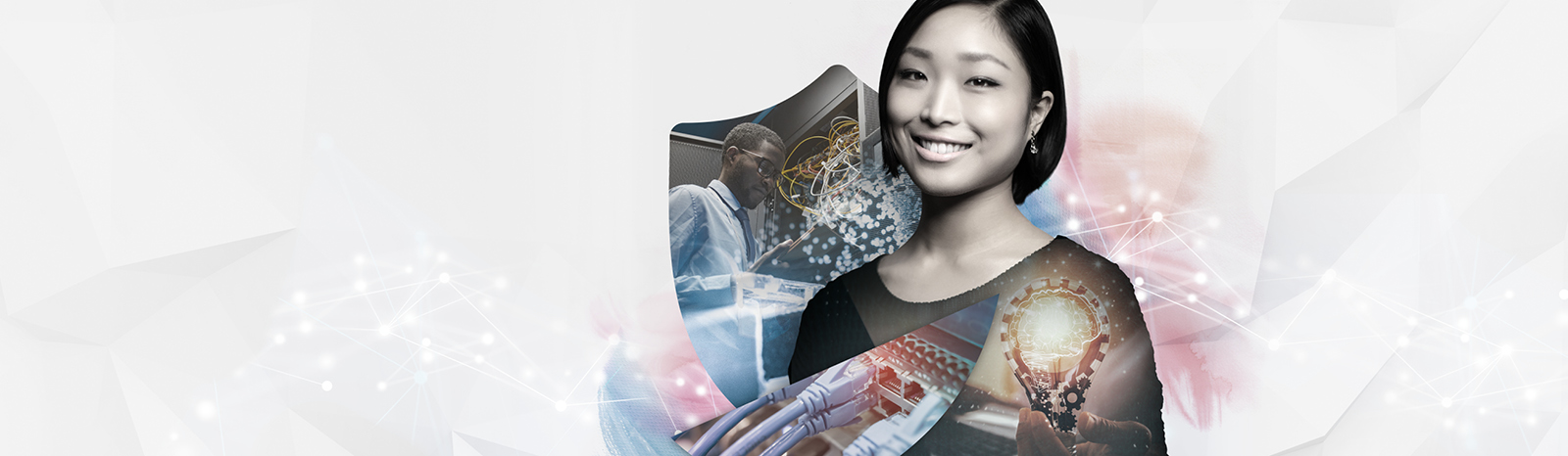 Lächelnde Mitarbeiterin von Axians vor einem Network Security symbolisierenden Schild, in dem an Netzwerkkabeln gearbeitet wird.