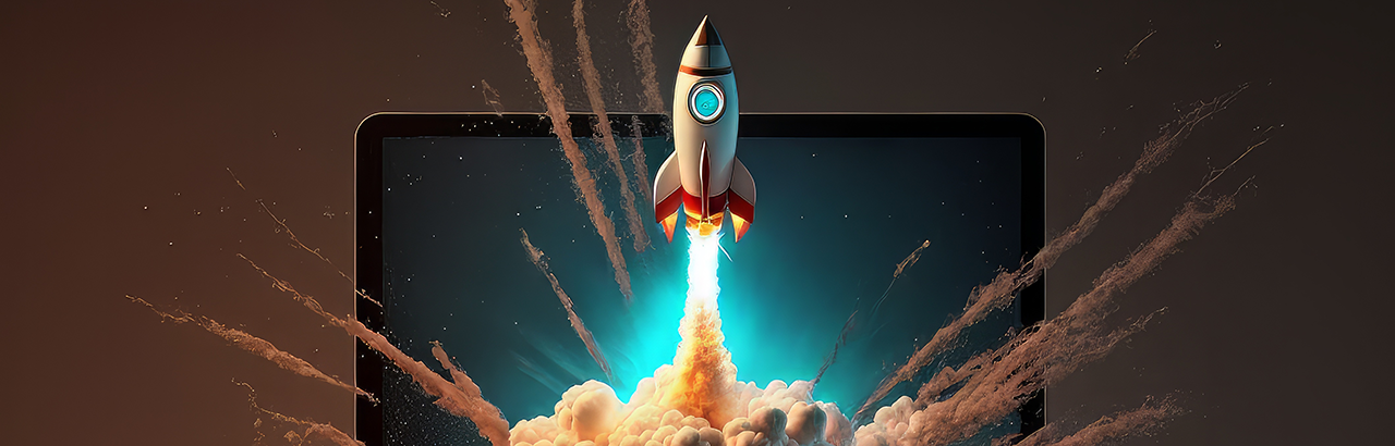 Rakete aus Laptop für Webinar