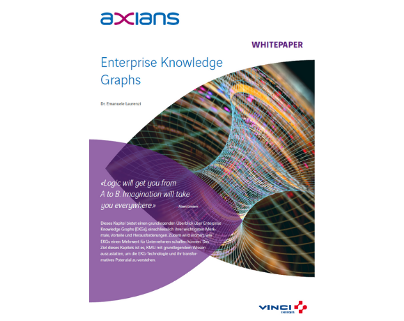 Titelseite eines Axians-Whitepapers mit dem Titel Enterprise Knowledge Graphs. Enthält ein abstraktes, buntes Netzwerkbild, ein Einstein-Zitat und die Logos von Axians und Vinci Energies