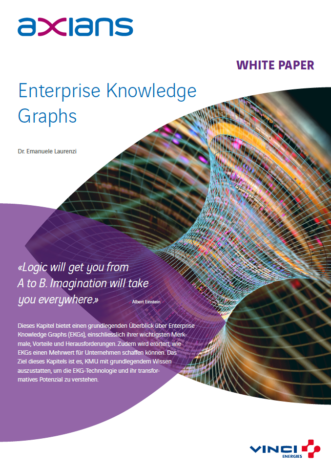 Titelseite eines Axians-Whitepapers mit dem Titel Enterprise Knowledge Graphs. Enthält ein abstraktes, buntes Netzwerkbild, ein Einstein-Zitat und die Logos von Axians und Vinci Energies.