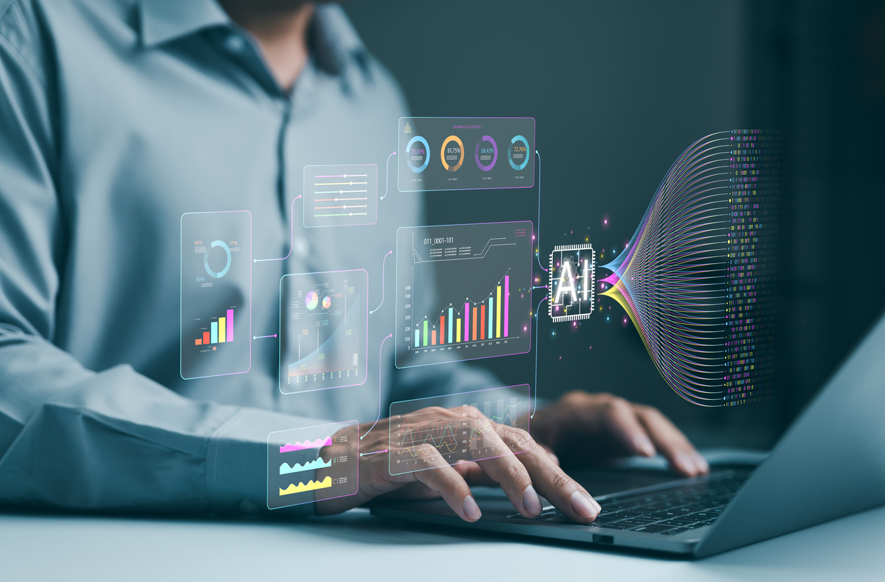 AI artificial intelligence technology to help manage analysis big data and insights complex information. analyst using AI working business analytics dashboard with finance charts. science Insights,
