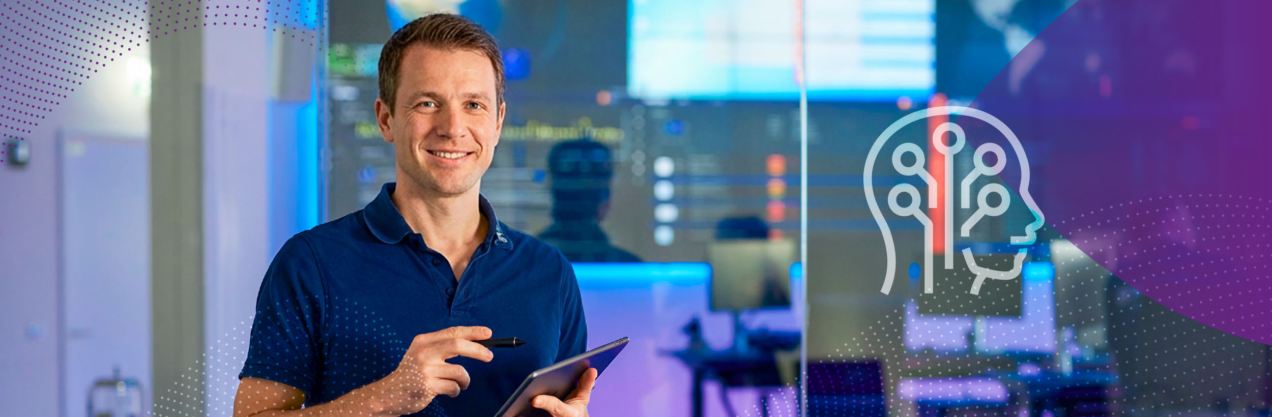 Bild zeigt einen Mann mit Tablet und Symbol für KI