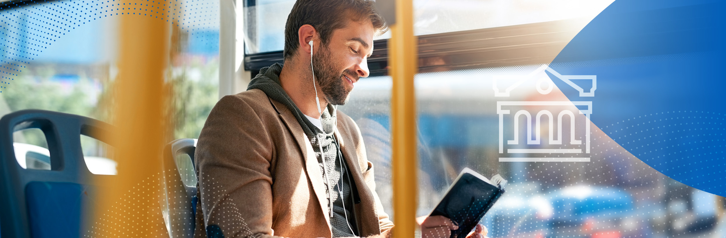 Ein Mann mit Kopfhörern unterwegs im Bus - öffentliche Verkehrsmittel