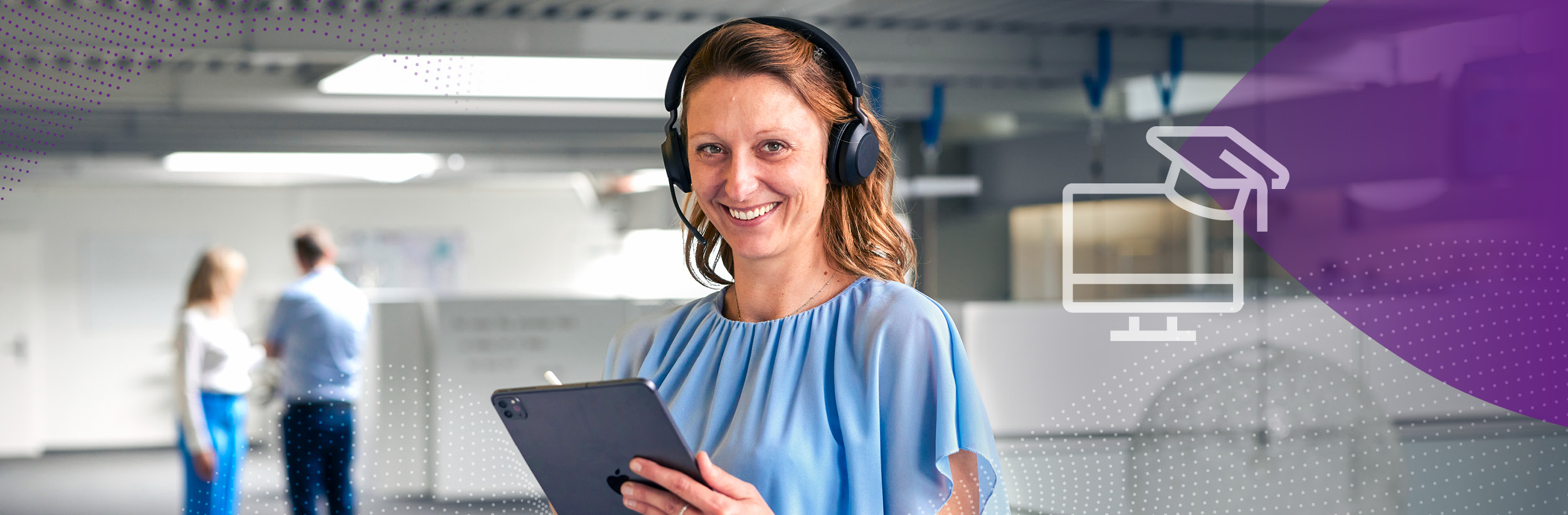 Die Grafik zeigt eine Frau mit Kopfhörer bei der Arbeit.