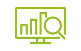 Icon mit Computerbildschirm, Balkendiagramm und Lupe