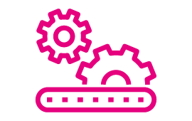 Icon zwei ineinandergreifende Zahnräder auf einem Förderband