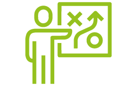 Icon mit Strichmännchen und einer Tafel im Hintergrund, auf welcher sich ein Pfeil zwischen einem Kreis und einem X durchschlängelt.