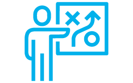 Icon Mann mit Tafel. Auf der Tafel hat es einen Pfeil der sich zwischen einem Kreis und einem Kreuz hindurchschlängelt