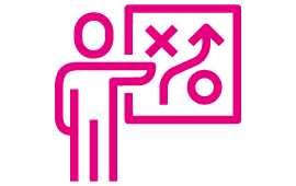 Icon Strichmännchen mit einer Tafel im Hintergrund, auf welcher sich ein Pfeil zwischen einem Kreis und einem X hindurchschlängelt