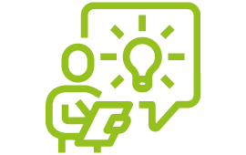 Icon Strichmännchen am Schreiben mit einer Leuchten Glühbirne in einer Sprechblase