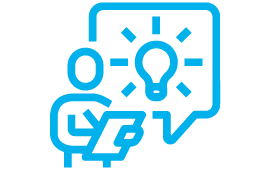 Icon mit Strichmännchen, das etwas schreibt, im Hintergrund eine Sprechblase mit einer erleuchteten Birne.