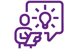 Icon mit Strichmännchen, das etwas schreibt, im Hintergrund eine Sprechblase mit einer erleuchteten Glühbirne