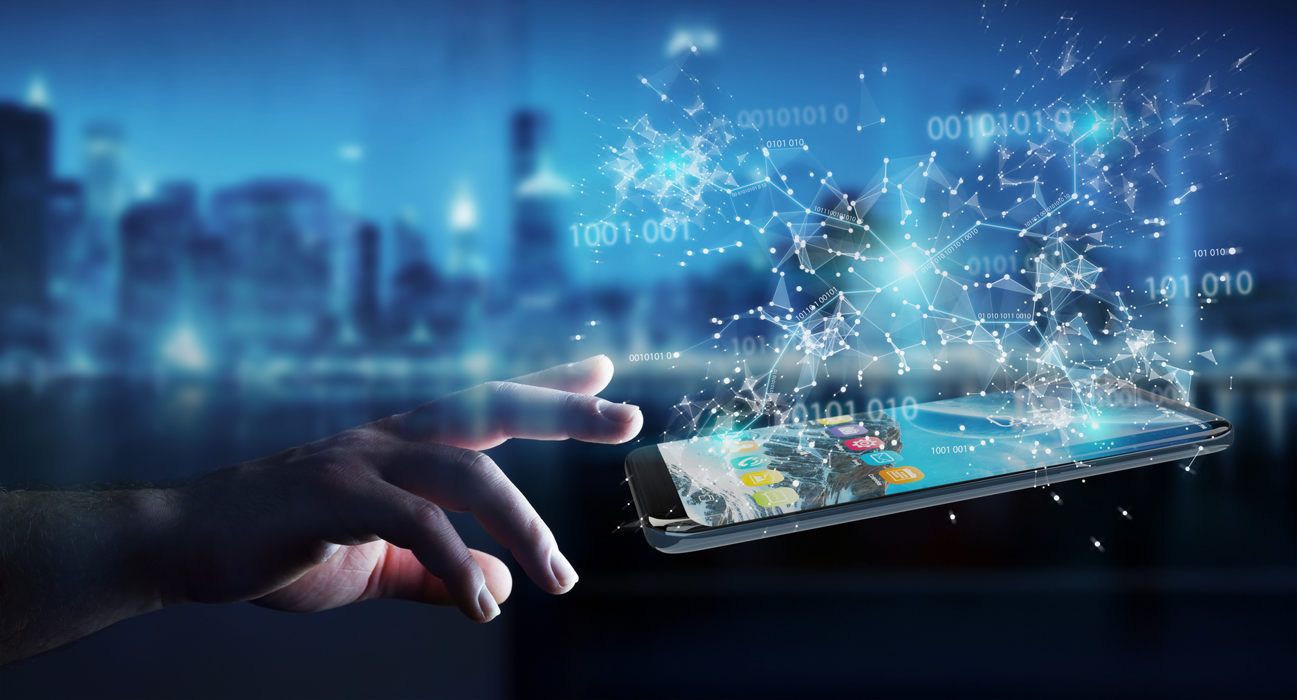 Benutzung eines Mobilgerätes, mit digitaler Veranschaulichung eines Datennetzes